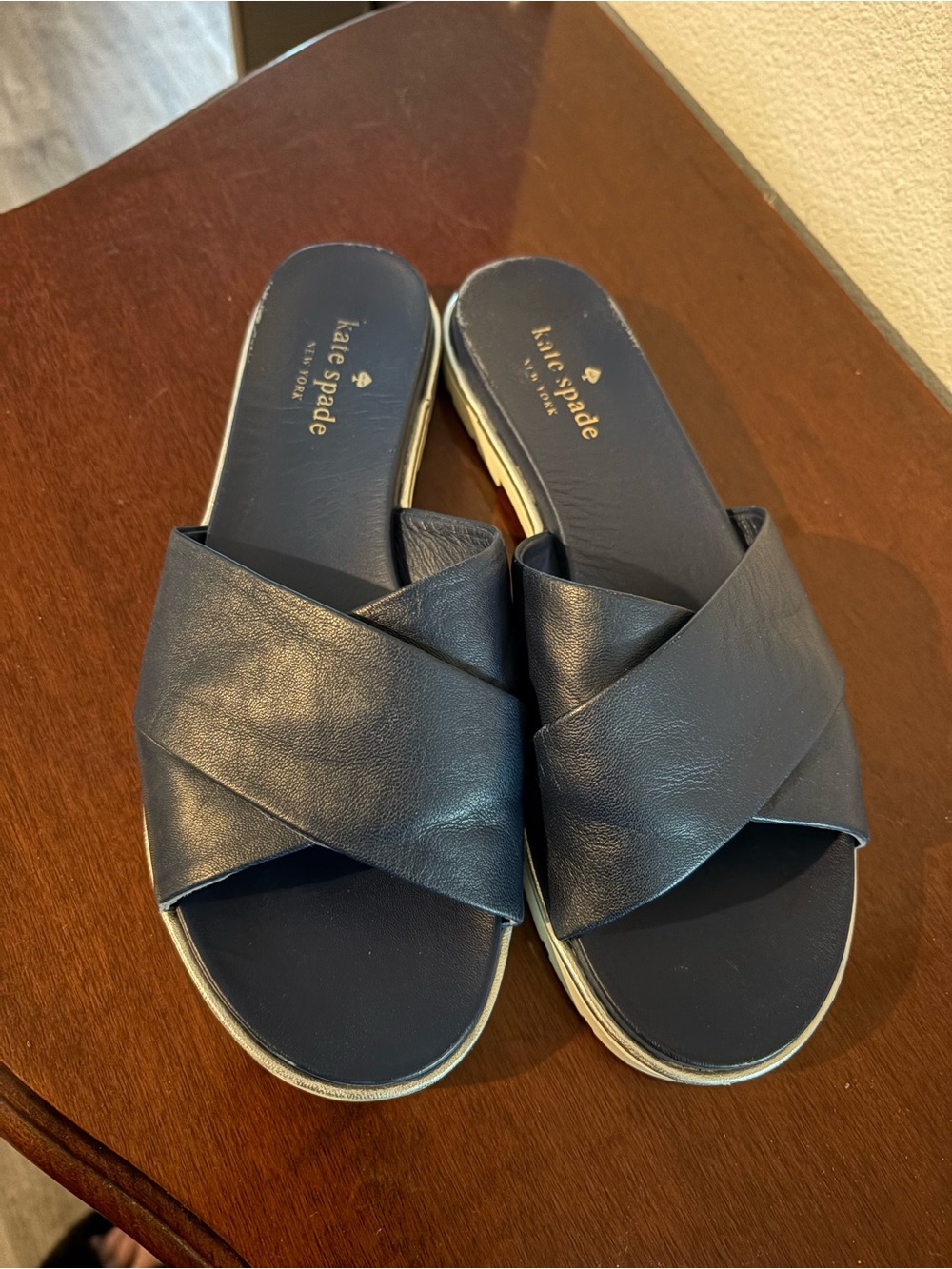 kate spade Navy Leather Crisscross Slide Sandals with Gold Trim